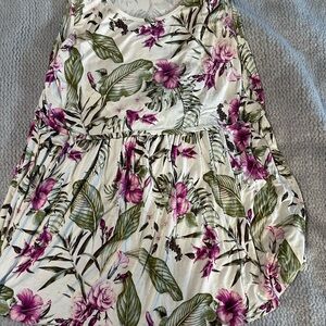 Bearsland White Tank Dress with Pink Floral & Green Leaf Print